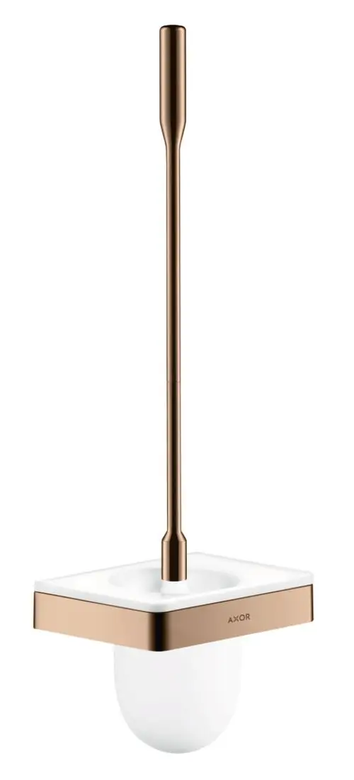 Toilettenbürstenhalter mit quadratischem Boden in Weiß und glänzend rosegoldenem Metall. Design von AXOR, zur Wandmontage geeignet.